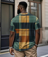 Big & Tall Men's Green And Yellow Geometric Plaid Printed Henry Collar Button Short Sleeve T-Shirt